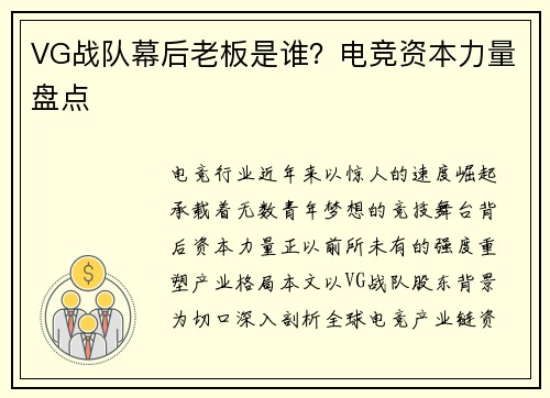 VG战队幕后老板是谁？电竞资本力量盘点